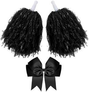 Hotop 3 Pcs 10 in Cheerleading Pom Poms and Large Cheerleader Hair Bow for Girl Cheer Pompoms Cheerleading Accessories for Sport Events Dance Party Basketball Football Team (Black,Classic)