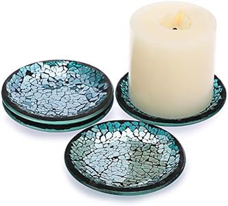 BSTKEY Set of 4 Mosaic Glass Candle Plates, 10cm/ 4 Round Candle Plate Holder, Decorative Pillar Candle Holder Tealight Candle Mat, Cup Plate Coasters (Blue)