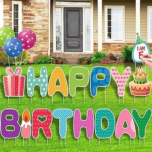 16Pcs Happy Birthday Yard Signs with Stakes -15" Large Size Birthday Yard Lawn Decorations with 3 Real Balloons and a Whiteboard, All Weather Birthday Lawn Sign for Yard