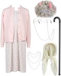 Hoosige 7 Pcs Halloween Old Lady Costume Set Old Lady Dress Sweater Granny Wig Glasses Cane Necklace Scarf (Small-Medium)