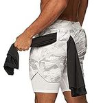 BOOMLEMON Men's 2 in 1 Running Shorts 5" Quick Dry Gym Athletic Workout Shorts for Men with Phone Pockets(Camo White M)