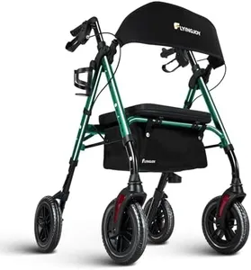 FlyingJoy Rollator Walker with Seat and Brakes, 300 lbs Adults Bariatric Walker for Seniors with Extra Wide Backrest, Lightweight Folding Adjustable Height, All Terrain Rolling Walker 8 Inch 4 Wheels