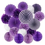 ZERODECO Purple Party Decorations, Hanging Paper Fan Set Tissue Paper Pom Poms Flower Fan and Honeycomb Balls for Birthday Baby Shower Wedding Festival Decorations