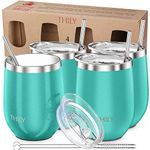 Stainless Steel Stemless Wine Glasses - THILY 4 Pack Vacuum Insulated Cute Travel Wine Tumbler Set with Splash-Proof Lids, Reusable Straws, Keep Cold & Hot for Wine, Coffee, Teal