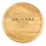 Personalised Engraved Mr & Mrs Round Wooden Chopping Board - Anniversary, Wedding Gift Bride Groom