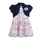 Snazzygirl Floral Print Synthetic Material Knee Length Tiered Dress with Denim Jacket, Casual & Special Occasion Frock for Kids & Girls (Blue, 3-4 Years)