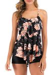 FLYILY Women 2 Piece Tankini Swimsuits Flounce Printed Top with Boyshorts Plus Size Swimwear Bathing Suit(BlackFlower,XL)