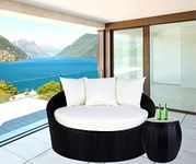 DEVOKO Outdoor Patio Round Daybed Round Sofa Sunbed Swimming Pool Side, Round Sun Lounger Garden, Terrace, Balcony, Rattan Wicker Furniture Daybed Set (Black and OffWhite)