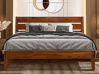 Acacia Emery Wooden Bed Frame with Headboard, Solid Wood Platform Bed with Wood Slat Support, No Box Spring Needed, Queen (U.S. Standard), Chocolate, 14 Inch, V1