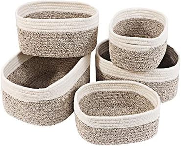 Lannvan Juego de 5 Cestas Almacenaje Tejidas con Cuerda de Algodón,Cestos Organizadores,Cesta Organizadora Bebe,Cestas Organizadoras para Baño,Armarios,Salones,Juguetes y Cocina en Blanco y desierto