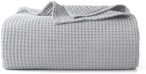 100% Cotton Waffle Blanket (Light Grey - Twin Size - 66 * 90''), Pre-Washed and Anti-Shrinkage Soft Lightweight Bed & Couch Blanket, 380 GSM Waffle Weave Throw Blanket for All Seasons