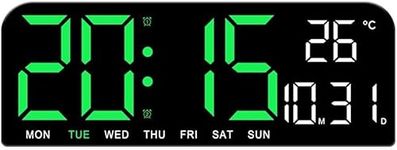 Tetpino Digital Wall Clock with Large Display, LED Digital Clock with Auto Dimmer, 12/24H Format, DST, Date, Week, and Temperature Display, Electric Wall Clock for Home, Office, and School (Green)