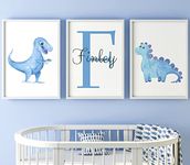 Dinosaurs Set of 3 Unframed Personalised Poster Prints for Baby Boy Girl Nursery Bedroom, New Baby Gift Present Dino Baby Shower in Blue Green Pink, Nursery Wall Art (A3)