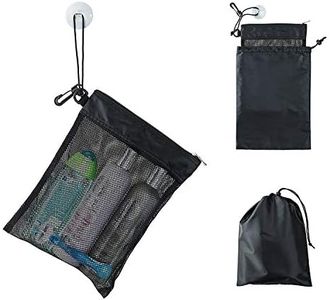 Shower Bag Tote Mesh Caddy Toiletry Organizer 12”L x 9”W Compact and Lightweight With Suction Cup Cord for Hanging Zipper and Drawstring Pouch 14”L x 10”W Black