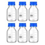 SPYLX Borosilicate Glass reagent bottle 100ml with leak proof Blue Screw Cap pack of 6 for glassware wide mouth chemical bottles for lab, laboratory, kitchen and professional use