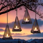 Solar Hanging Lights Outdoor, 4 Pack Hanging Lanterns Candle Holder with Solar Tea Lights Solar Candles Outdoor Waterproof, Solar Chandelier Ideas for Tree Gazebo Pergola Patio Decor