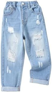 WDIRARA Toddler Girl's Ripped Straight Leg Crop Jeans Elastic Waist Denim Pants with Pockets Light Wash 5Y