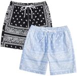 Floerns 2 Pack Men's Boho Drawstring Waist Paisley Print Summer Beach Shorts Black & Light Blue XX-Large