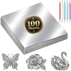 Brinava 100 Pcs Embossing Foil Art Sheets with Dotting Tools for Crafts | Durable Thick Aluminum Tin Foil Flashing Sheets for Foil Art, Engraving, DIY Art, Home Repairs and Crafting, Silver