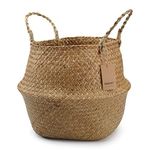 DOKOT Seagrass Basket Belly Plant Pot Woven Basket With Handle, Foldable Laundry Basket Toys Storage (Natural)