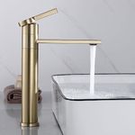 SHANFO Tall Bathroom Tap, 360° Swivel Spout Countertop Basin Tap, High Rise Basin Mixer Tap, Single Lever Tall Tap, Brushed Gold,1M4OK-T