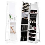 YITAHOME 360°Rotating Jewelry Armoire, Lockable Jewelry Cabinet with Full Length Mirror, Large Capacity Floor Standing Jewelry Organizer with Rear Storage Shelves for Bedroom, Cloakroom, White