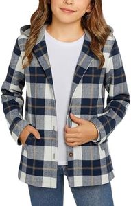 CharmWM Girls Cute Flannel Plaid Button Down Top with Pockets Long Sleeve Hooded Jackets Shirts Blouses Outfits Tops with Boys Grey 130