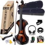 Pyle Full Size Electric Violin Kit - 4/4 Solid Wood Silent Fiddle with Hard Case, Bow, Ebony Fittings, and Digital Tuner