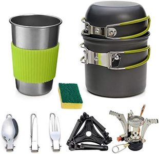 Camping Cookware Kit, ISFORU 10PCS Outdoor Cooking Mess Set Non Stick Pot and Pans Lightweight Backpacking Hiking Utensil Gear with Mini Stove for 1 to 2 People Traveling Trekking and Picnic