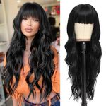 NAYOO Long Black Wigs with Bangs for Women Curly Wavy Hair Wigs Heat Resistant Synthetic Fiber Wigs for Daily Party Use 26 Inches (Black)