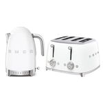 Smeg KLF04WHUK Jug Kettle with Acoustic Alarm, 3KW, 1.7L & Smeg TSF03WHUK 4 Slice Toaster, Extra Wide Slots, White