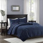 Madison Park Harper Quilt Set Velvet Casual Geometric Stitching Design All Season, Lightweight Coverlet, Cozy Bedding, Matching Shams, King/Cal King(104"x94"), Navy 3 Piece