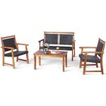 DORTALA 4 Piece Wood Patio Furniture Set, Outdoor Wicker Rattan Conversation Set with Chairs & Coffee Table for Garden, Backyard, Poolside