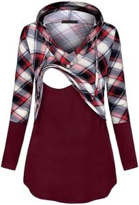 connche Quinee Pregnancy Shirts for Women, V Neck Long Sleeve Hooded Breastfeeding Sweatshirt Comfortable Nursing Tunics Versatile Slim Fit Autumn Maternity Top Red Beige Plaid XL