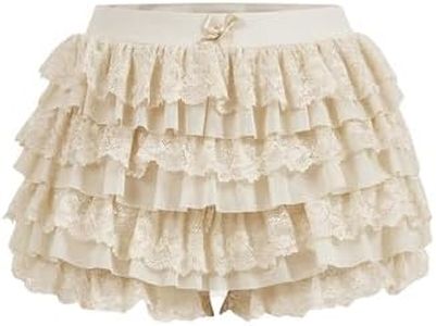 BEAUDRM Women's Lolita Ruffle Layered Lace Trim Shorts Elastic Waist Bow Front Pumpkin Short Pants Apricot XX-Large