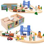 Orbrium 52 Pcs Deluxe Wooden Train Set with Dual-use Storage Box/Tunnel Fits Thomas The Tank Engine, Brio, Chuggington Wooden Train