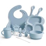 Silicone Baby Weaning Set, 10PCS Baby Feeding Set - Toddler Utensils, Baby Led Weaning Supplies with Dinosaur Plate, Bib, Cup, Suction Bowl, Forks, Spoons, Fruit Feeder, Clean Brush (Blue)