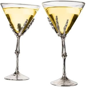 The Wine Savant Stemmed Skeleton Martini Glasses Set of 2 Halloween Skeleton Hand Glasses 9" H, Goth Gifts, Skeleton Gifts Decor, Spooky Cocktails, Water or Martini Gift Set, Wine Skeletons Glasses