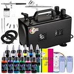 OPHIR Double Outlet Airbrush Compressor with 1L Air Tank & 2X Airbrushes Kit with 12 Colors of Airbrush Acrylic Paint Set, 5X Cleaning Brush, 20x Measuring Cups