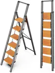 WOA WOA Step Ladder 6 Step Folding, Foldable Tall Ladder with Handrail, Aluminum Stepladder for High Ceilings, Lightweight, Deep Pedals, Anti-Slip Feet, Capacity 300 lbs - Black & Wood Grain