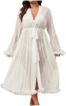 OYOANGLE Women's Plus Size Mesh Sheer Ruffle Trim Long Sleeve Belted Bathrobe See Through Bride Robe Kimono White 5X-Large Plus