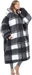 Catalonia Buffalo Plaid Black Oversized Blanket Hoodie Sweatshirt, Full Body Comfortable Sherpa Lounging Pullover for Adults, Gift for Women