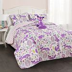 Lush Decor Pixie Fox Reversible Quilt Set, 3 Piece Set, Twin, Purple & Pink - Twin Bedding Sets for Girls - Whimsical Quilt for Kids & Toddlers -Floral & Heart Print - Woodland Bedroom Decor