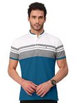 BULLMER Mens Cotton Henley Neck/Chinese Collar Regular Fit Tshirt - Turquoise_Large