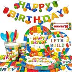 Building Blocks Birthday Party Supplies, 129pcs Building Block Tableware Set Building Block Birthday Plates Napkins Cups Tablecloth Building Block Party Banner etc Building Blocks Birthday Supplies