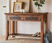 Vivek Wood Solid Sheesham Wood Console Table for Living Room | Wooden Side Entrance Table for Home with 2 Drawers & Shelf Storage | Entryway/Foyer Table | Rosewood, Honey Finish