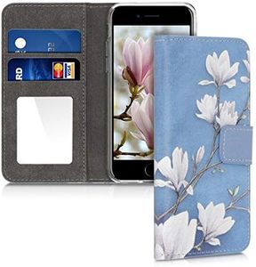 kwmobile Cover Compatibile con Apple iPhone SE (2022) / iPhone SE (2020) / iPhone 8 / iPhone 7 - Custodia Protettiva e Specchio Porta-Tessere - Magnolie Marrone Grigio/Bianco/Grigio Blu