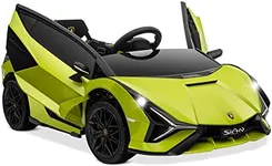 Kidzone Kids 12V Electric Ride On Licensed Lamborghini Sian Roadster Carbon Fiber Textured Motorized Toy Car with Remote Control, LED Lights & Music, Wheels Suspension – Green