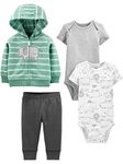 Simple Joys by Carter's Baby Boy's 4-Piece Jacket, Pant, and Bodysuit Set Layette, Dark Grey/Grey/Mint Green Elephant/White Forest Animals, 3-6 Months