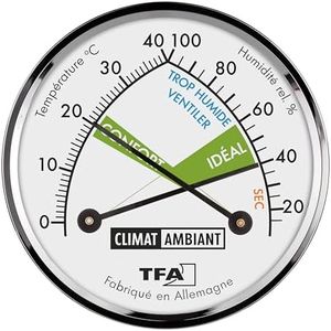 TFA Dostmann Thermomètre-Hygromètre analogique en français, 45.2024.FR, mesure de la température et de l'humidité dans maison, avec zones de confort, argenté